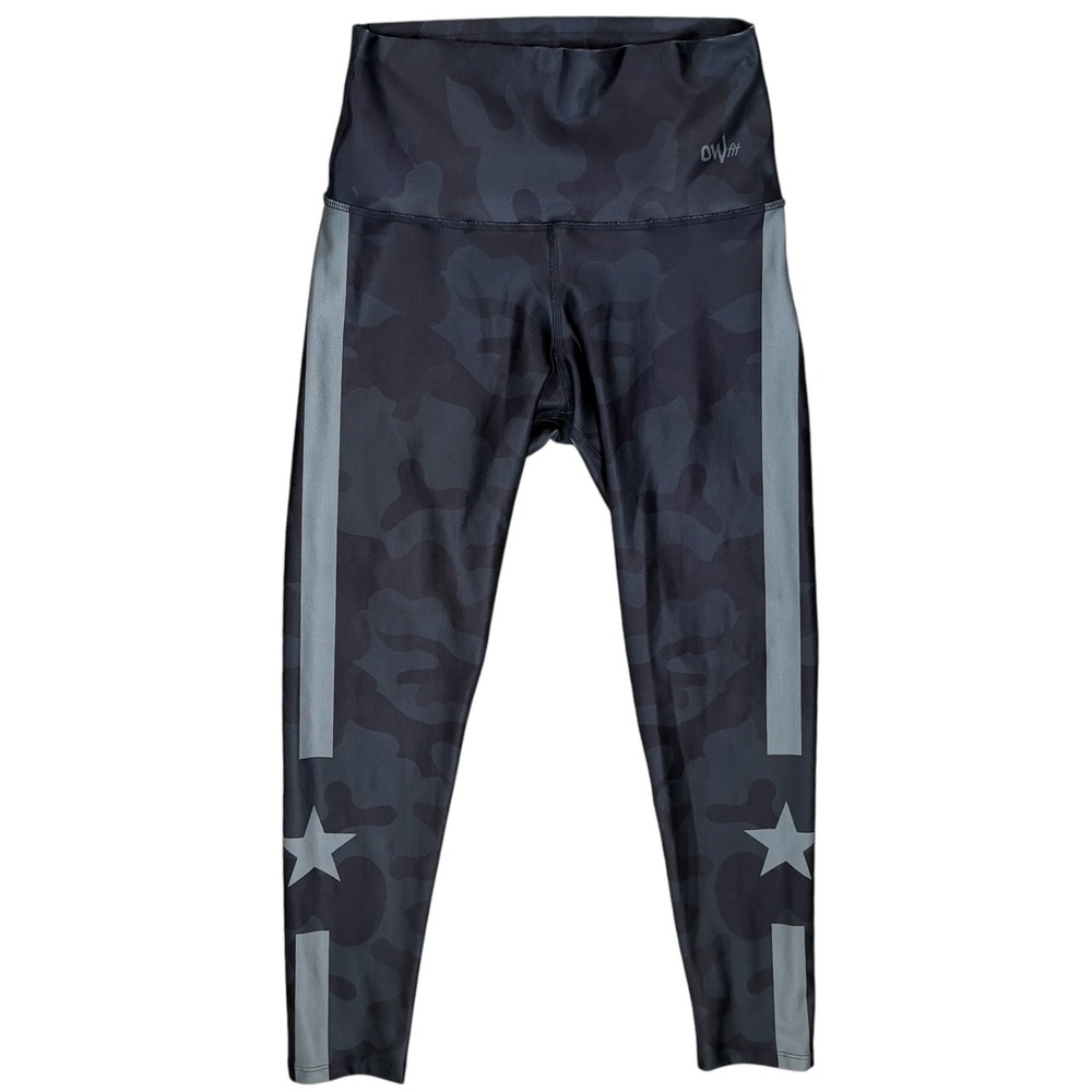 OW Fit Womens Camo High Waist Leggings Black Gray Star Side Stripe Yoga Small